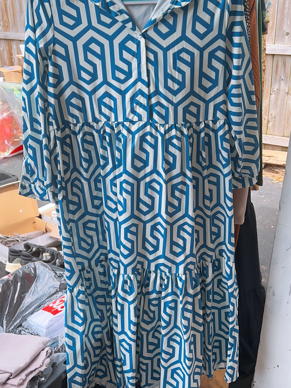 Blue Geometric Print Tiered Shirt Dress